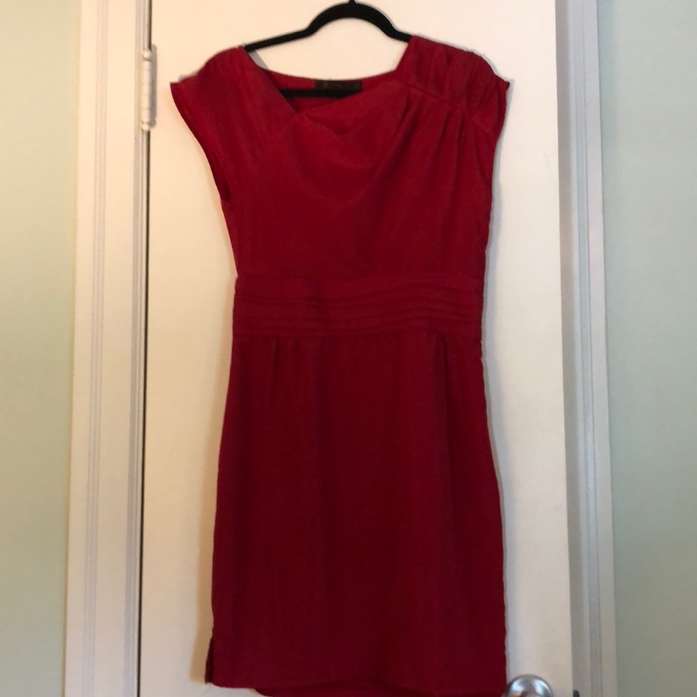 Red asymmetrical neckline sheath dress